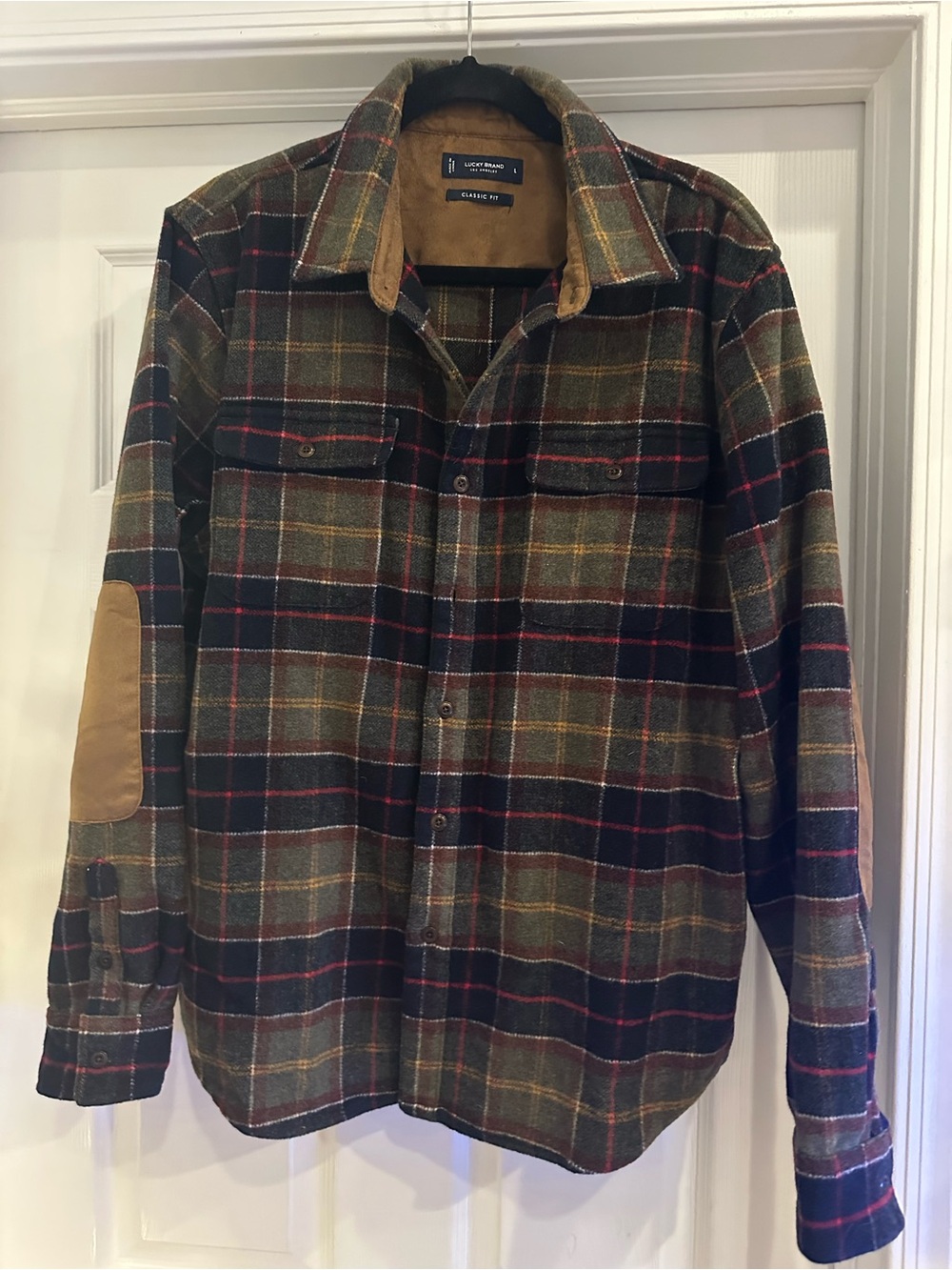 Lucky Brand Olive & Navy Plaid Shirt Jacket with Tan Elbow Patches
